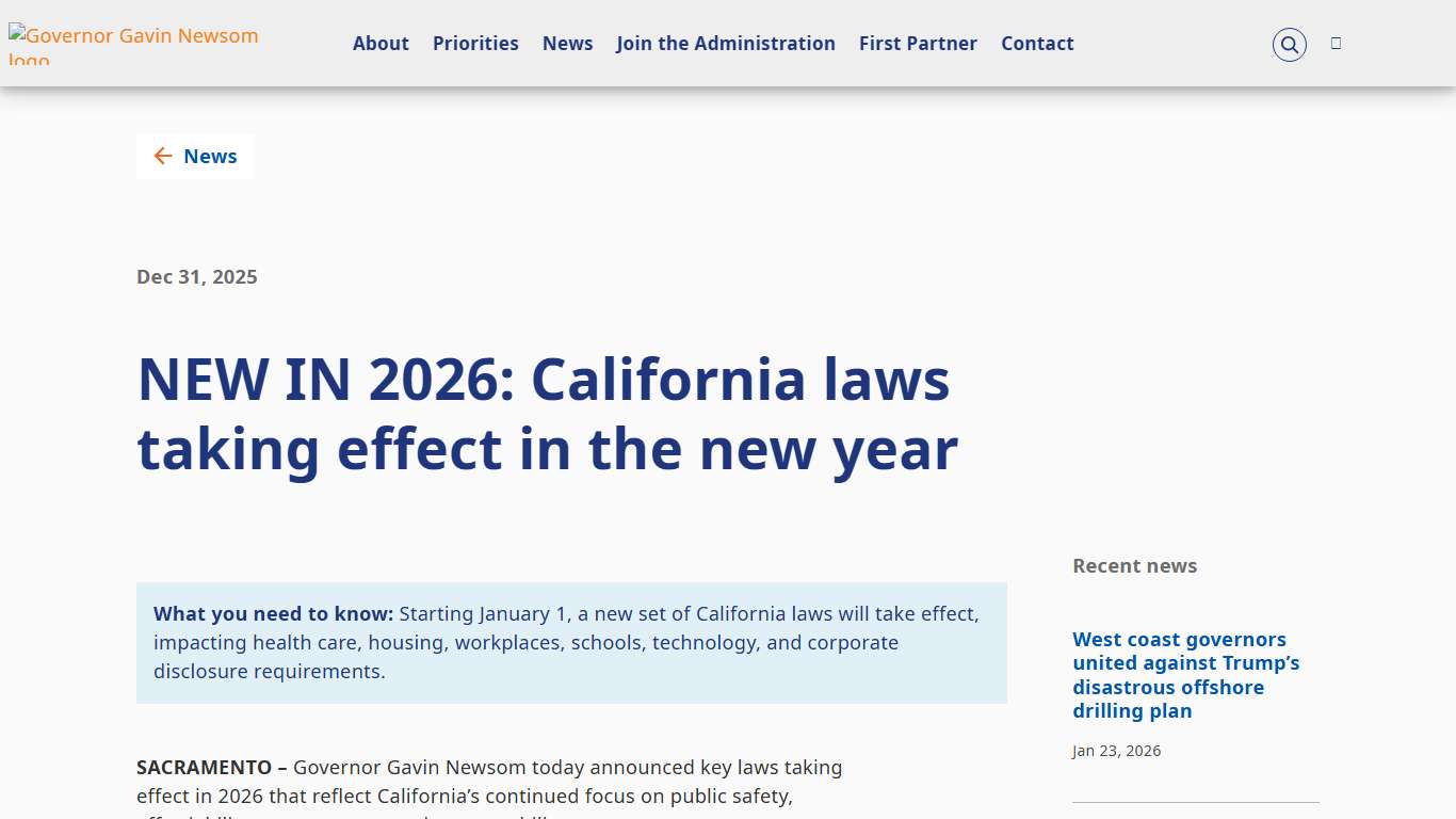 NEW IN 2026: California laws taking effect in the new year Governor of California